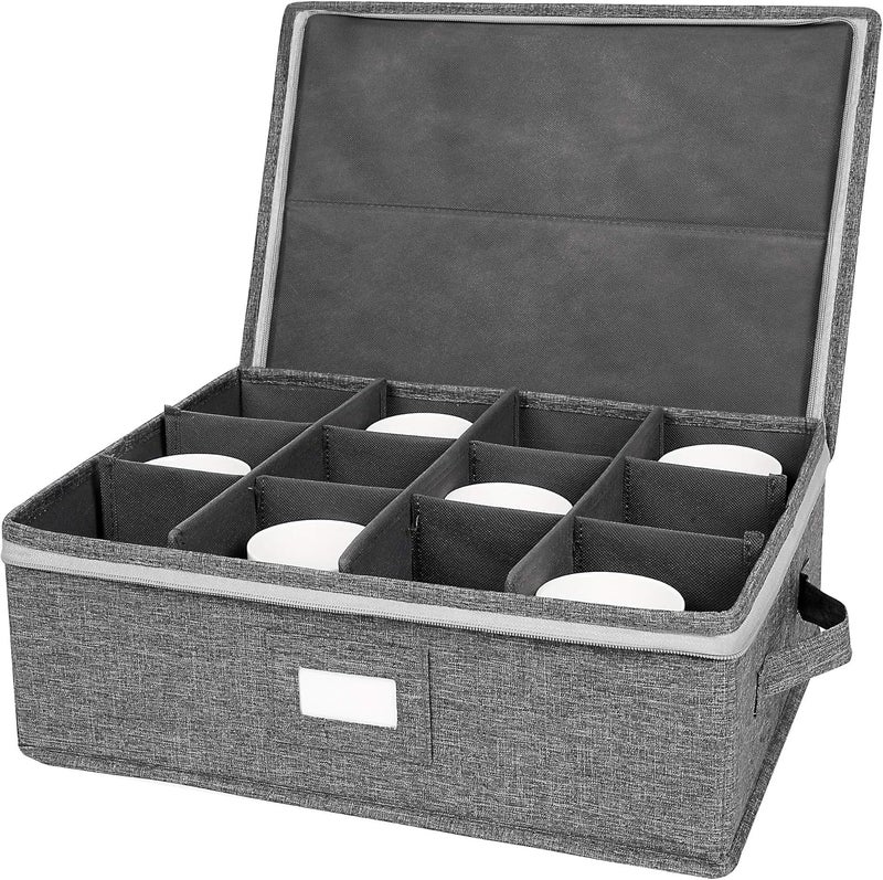 popoly Cup and Mug Storage Box, China Cup Storage Containers Chest with Zipper Lid and Handles, Holds 12 Coffee Mugs and Tea Cups, Hard Shell and Stackable (Grey) - Image 1
